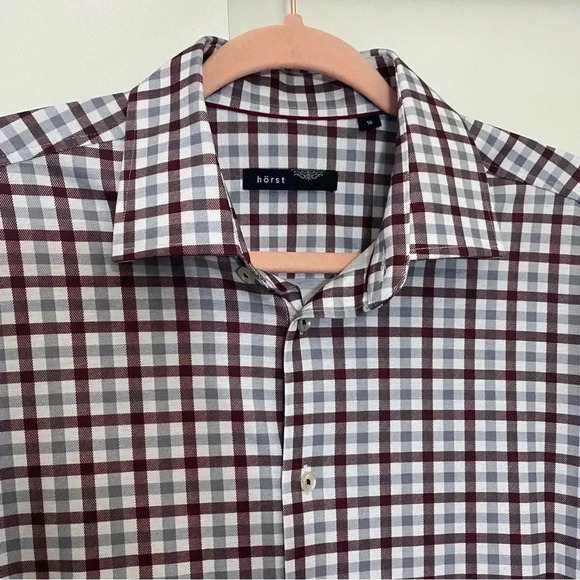 Horst men maroon white plaid button up long sleeves shirt workwear casual preppy - Picture 2 of 8